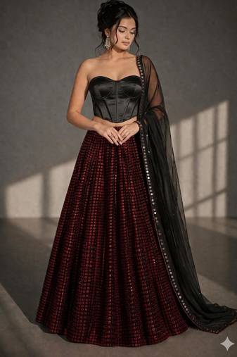 Red and Black Heavy Sequin Embroidered Corset Style Lehenga Choli Set