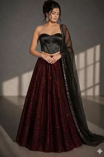 Red and Black Heavy Sequin Embroidered Corset Style Lehenga Choli Set