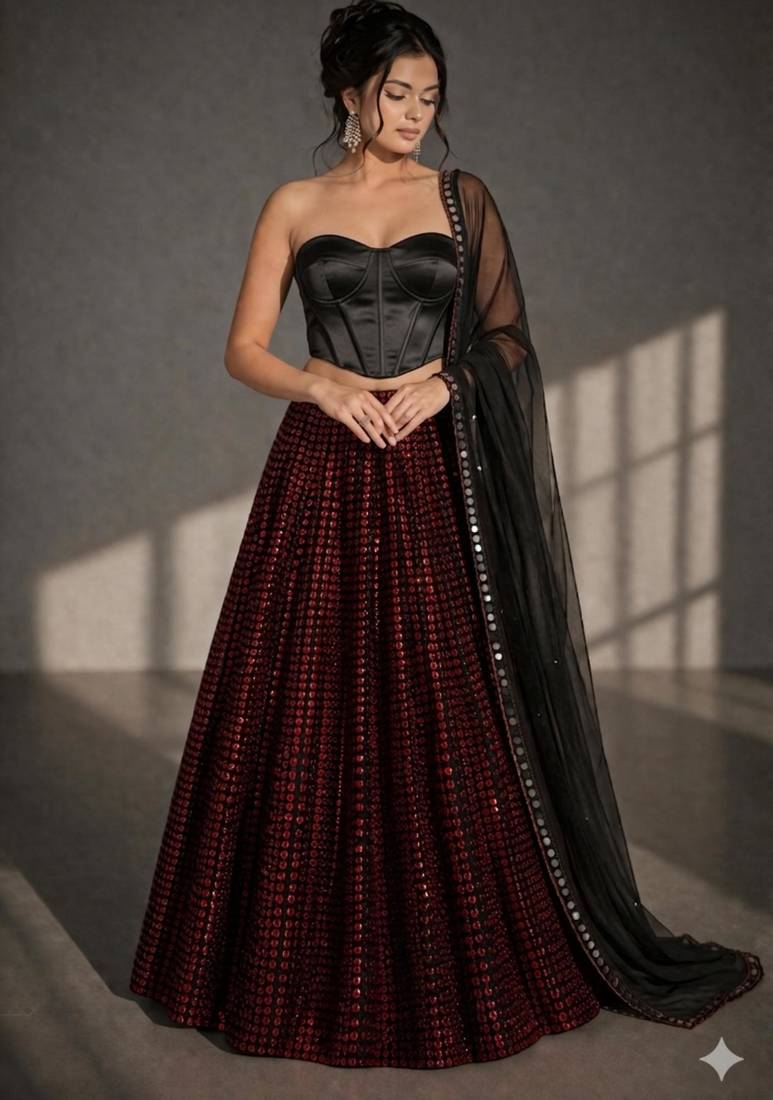 Red and Black Heavy Sequin Embroidered Corset Style Lehenga Choli Set