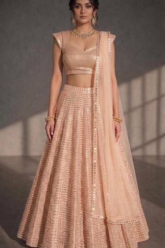 Peach Mirror and Sequin Work Circular Lehenga with Sweetheart Neck Blouse