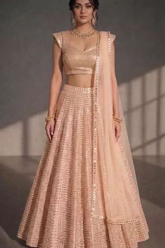 Peach Mirror and Sequin Work Circular Lehenga with Sweetheart Neck Blouse