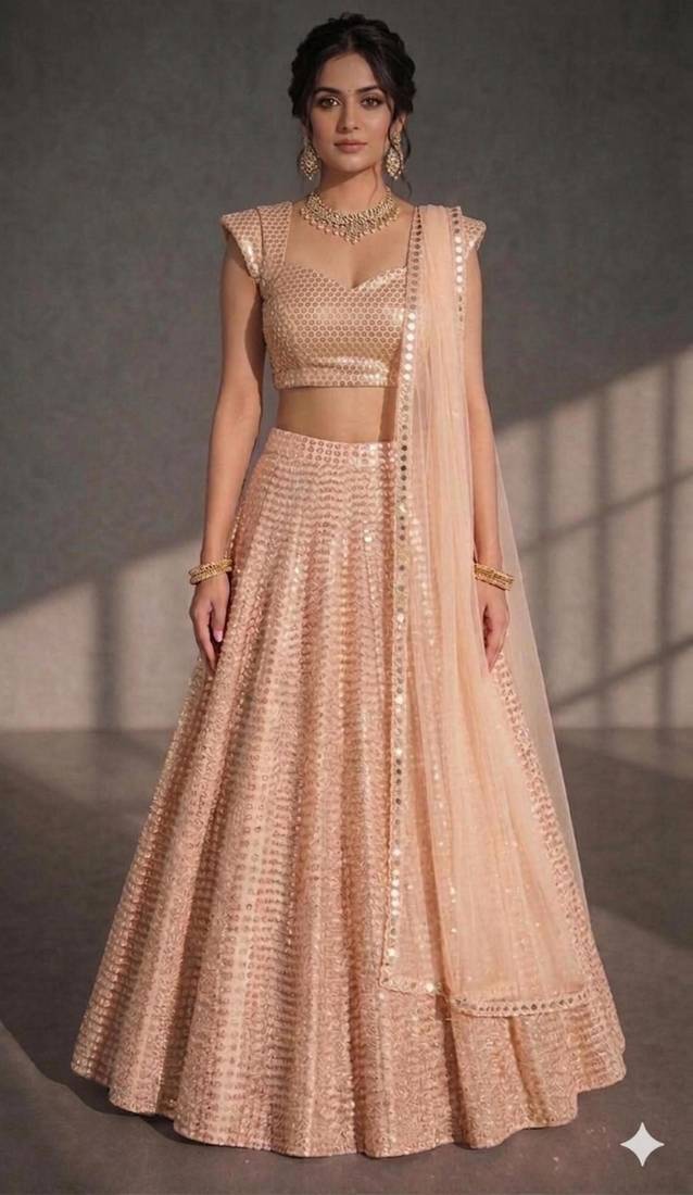 Peach Mirror and Sequin Work Circular Lehenga with Sweetheart Neck Blouse