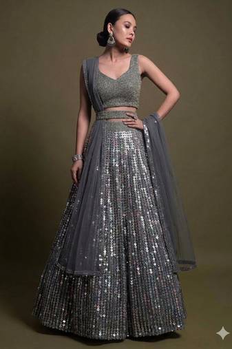 Elegant Grey Heavy Sequin Embroidered A-Line Lehenga with Sweetheart Neck Blouse