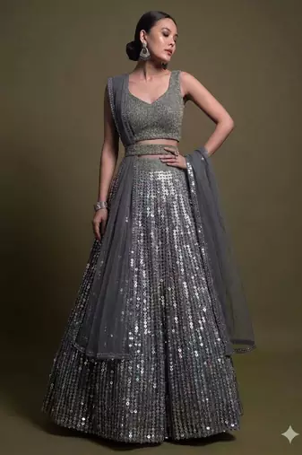 Elegant Grey Heavy Sequin Embroidered A-Line Lehenga with Sweetheart Neck Blouse