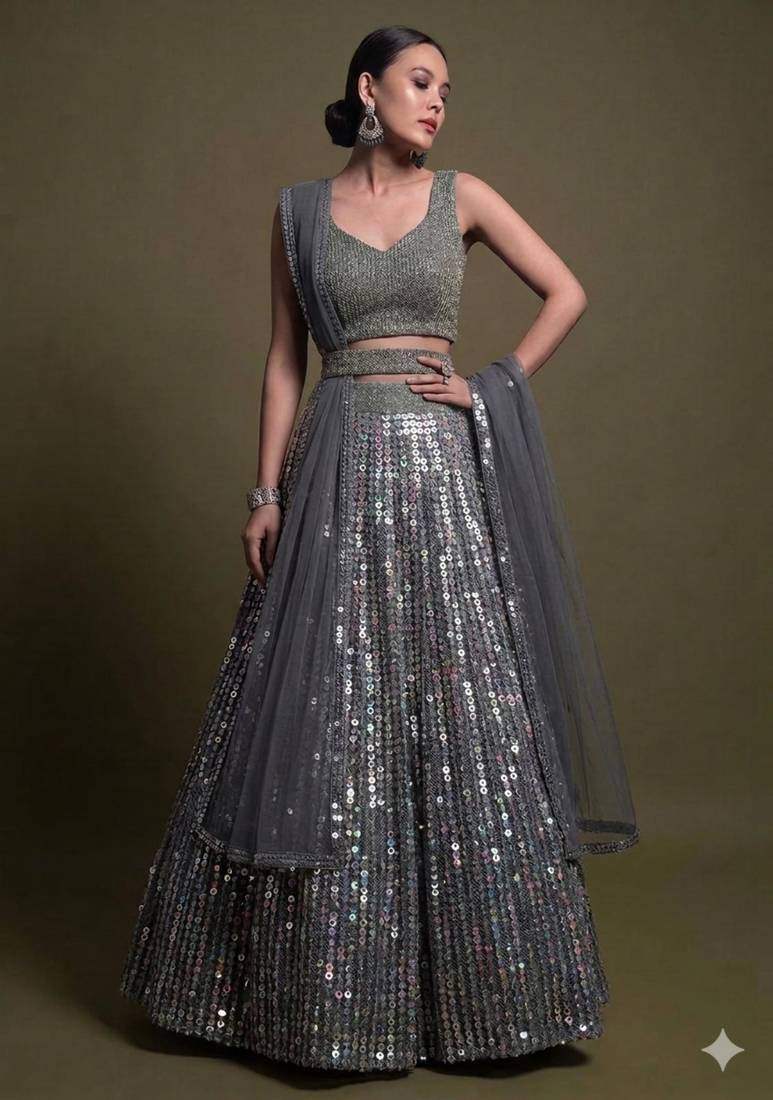 Elegant Grey Heavy Sequin Embroidered A-Line Lehenga with Sweetheart Neck Blouse