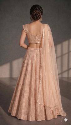peach mirror and sequin work wedding lehenga with sweetheart neck blouse 2