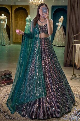 Multi-Tone Sequin Work A-Line Lehenga with Contrast Green Dupatta