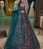 multi-color sequin work partywear lehenga with contrast green dupatta