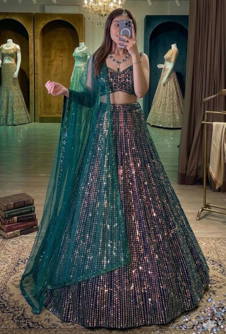 Multi-Tone Sequin Work A-Line Lehenga with Contrast Green Dupatta
