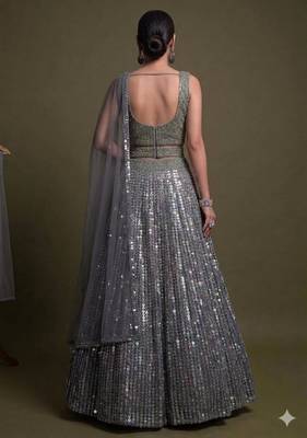 elegant grey sequin embroidered partywear lehenga with sweetheart neck blouse 3