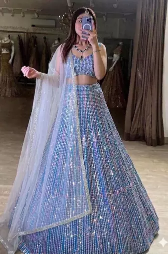 Multi-Color Sequin Work A-Line Lehenga with Sweetheart Neck Blouse