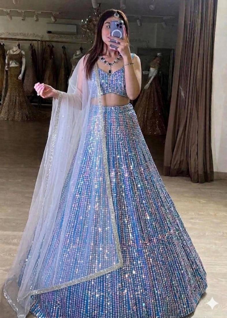 Multi-Color Sequin Work A-Line Lehenga with Sweetheart Neck Blouse