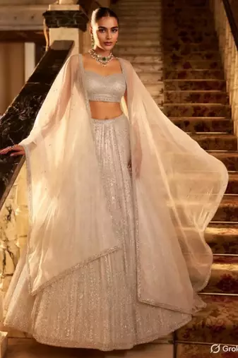 Silver White Sequin Work A-Line Lehenga with Sweetheart Neck Blouse