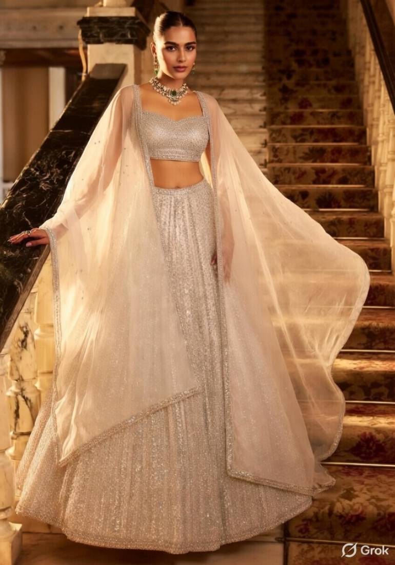 Silver White Sequin Work A-Line Lehenga with Sweetheart Neck Blouse