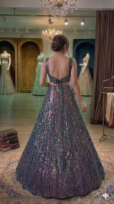 multi-color sequin work partywear lehenga with contrast green dupatta 2