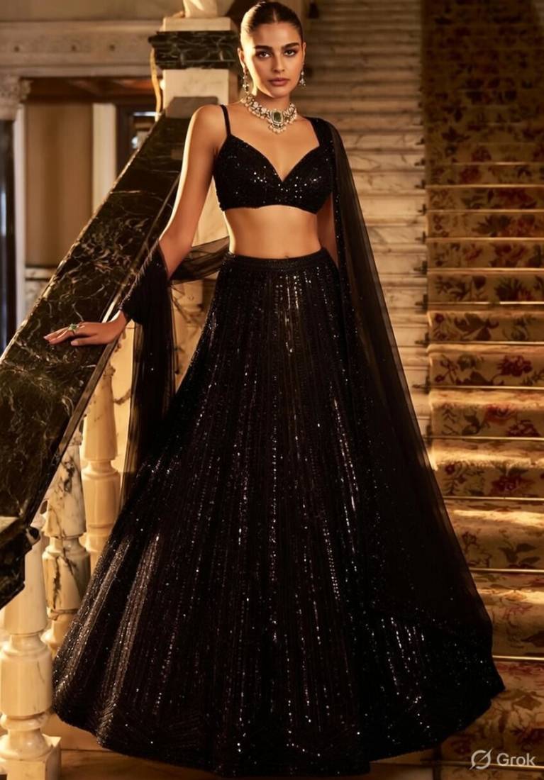 Black  Sequin Embroidered A-Line Lehenga with Sweetheart Neck Blouse