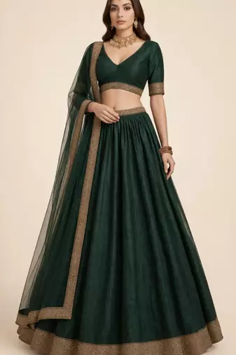 Royal Dark Green Sequin A-Line Lehenga with Self-Weave Slub Texture and Zari Border