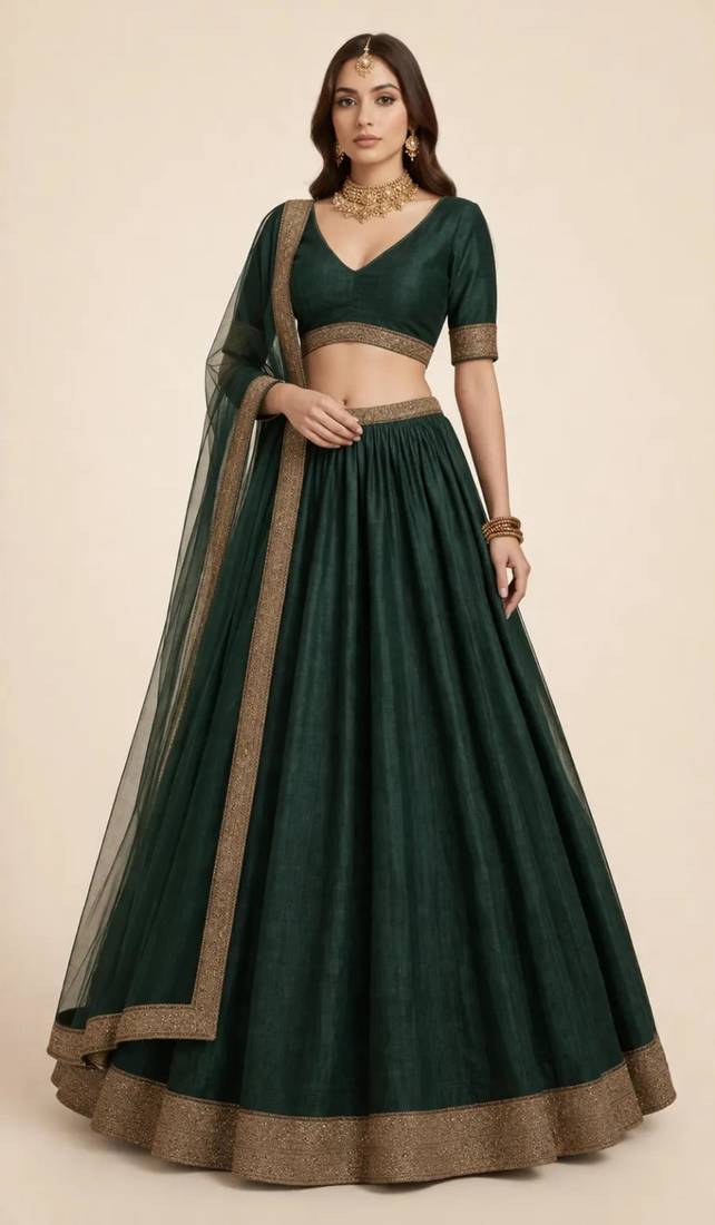 Royal Dark Green Sequin A-Line Lehenga with Self-Weave Slub Texture and Zari Border