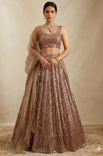 Brown Heavy Sequin Work A-Line Lehenga Choli Set