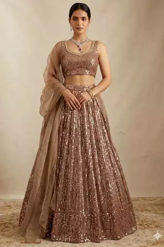 Brown Heavy Sequin Work A-Line Lehenga Choli Set