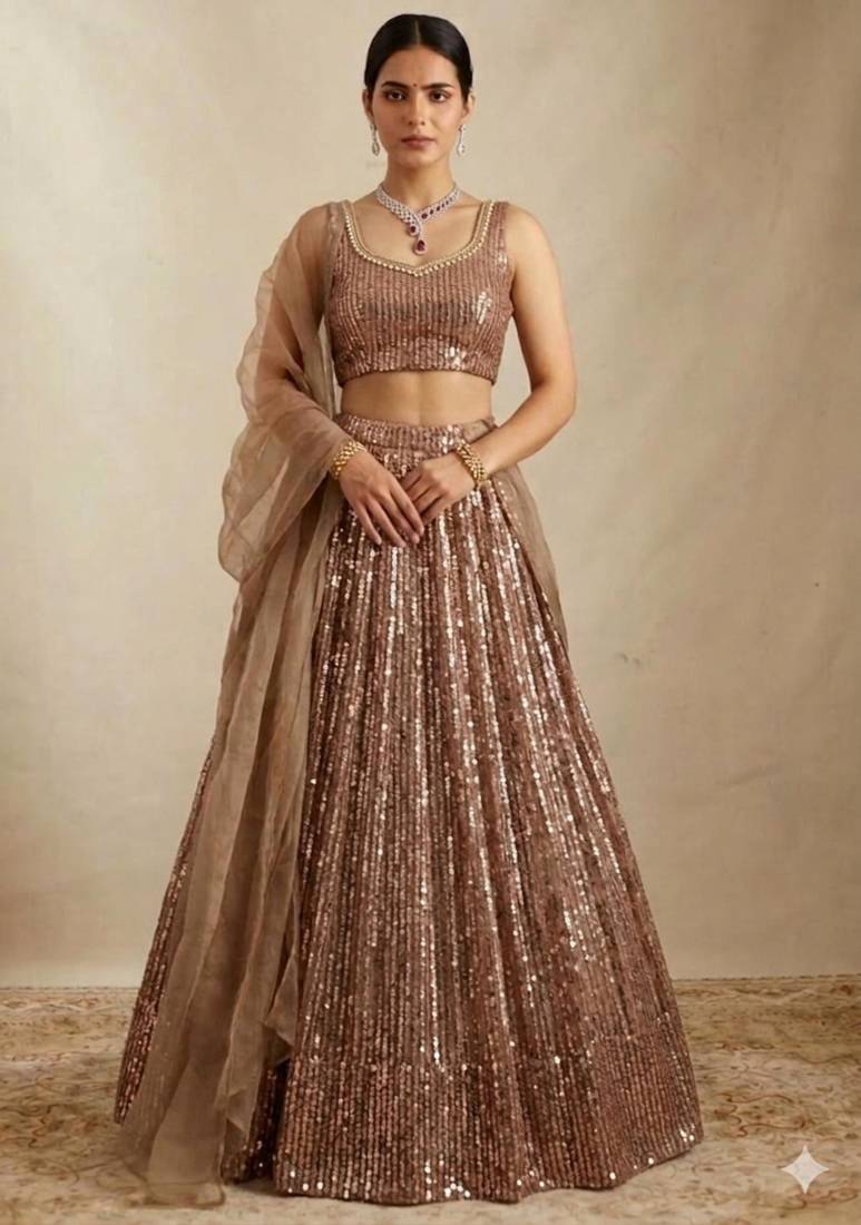 Brown Heavy Sequin Work A-Line Lehenga Choli Set