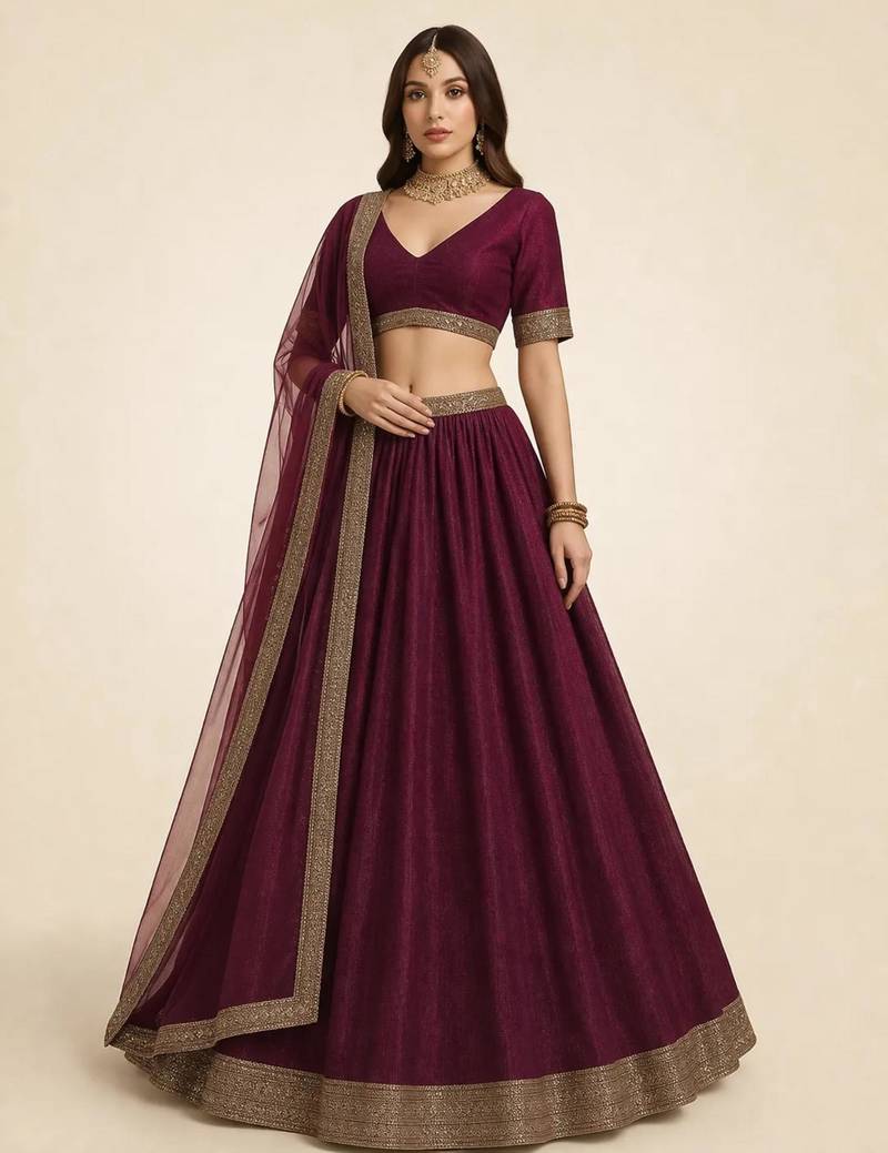 Elegant Maroon Sequin A-Line Lehenga with Self-Weave Texture and Zari Border