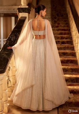 silver white sequin work partywear lehenga with sweetheart neck blouse 2