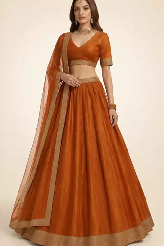 Rust Orange Self-Weave Sequin A-Line Lehenga with Embroidered Zari Border