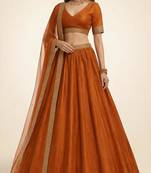 Rust Orange Self-Weave Sequin A-Line Lehenga with Embroidered Zari Border
