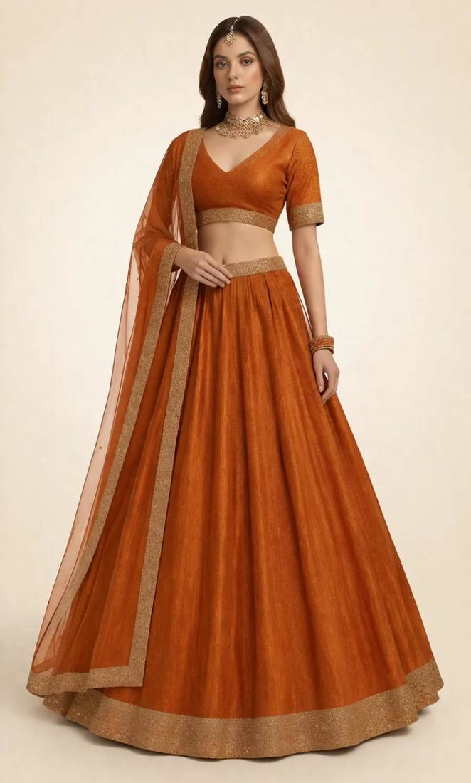 Rust Orange Self-Weave Sequin A-Line Lehenga with Embroidered Zari Border