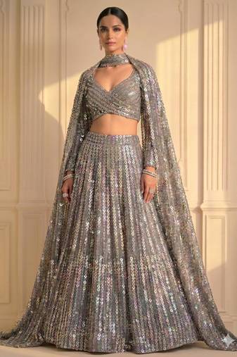 Grey Multi-Color Sequin Lehenga with Floor-Length Attached Cape Sleeves