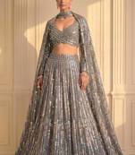 Grey Multi-Color Sequin Lehenga with Floor-Length Attached Cape Sleeves