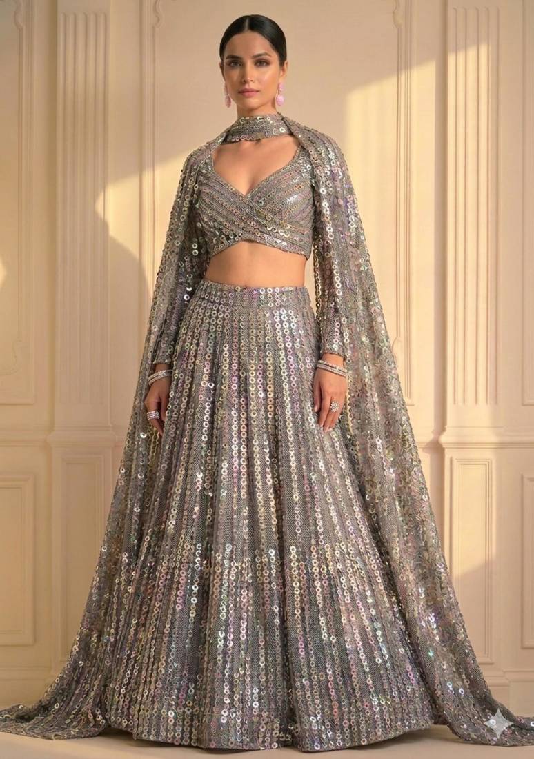 Grey Multi-Color Sequin Lehenga with Floor-Length Attached Cape Sleeves