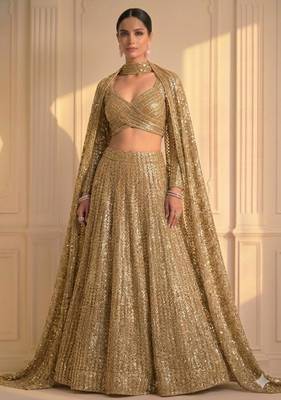 Luxury Gold Sequin Lehenga with Attached Floor-Length Cape Sleeves 1