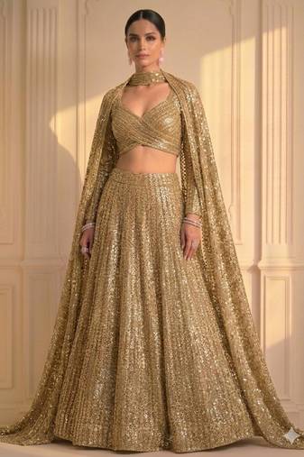 Luxury Gold Sequin Lehenga with Attached Floor-Length Cape Sleeves