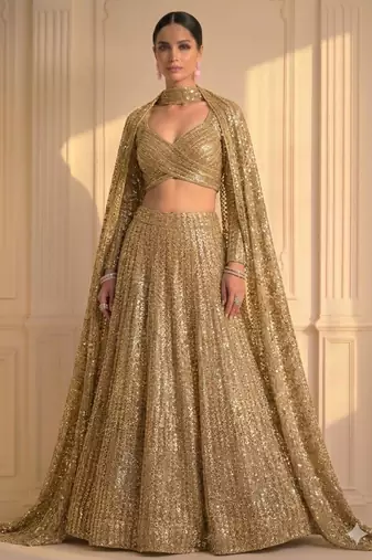 Luxury Gold Sequin Lehenga with Attached Floor-Length Cape Sleeves