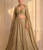 Luxury Gold Sequin Lehenga with Attached Floor-Length Cape Sleeves