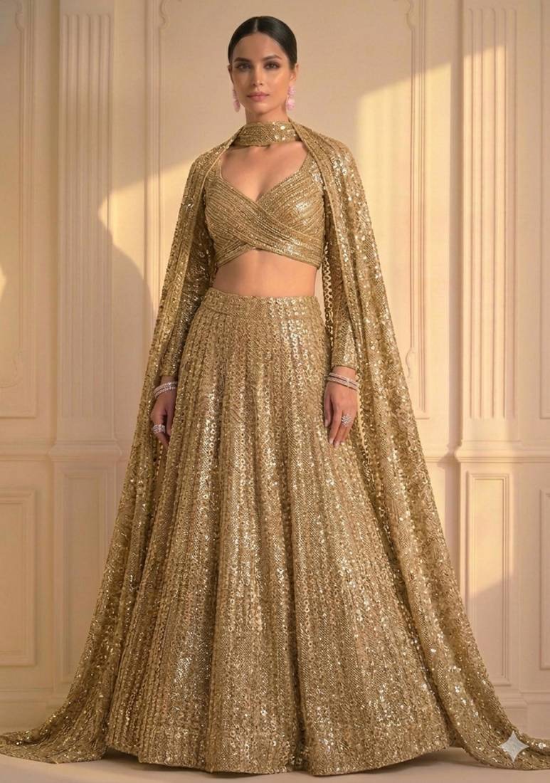Luxury Gold Sequin Lehenga with Attached Floor-Length Cape Sleeves