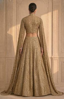 Luxury Gold Sequin Lehenga with Attached Floor-Length Cape Sleeves 2