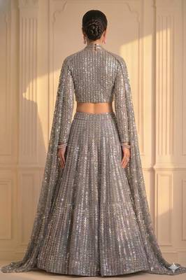 grey multi-color sequin panelled bridal lehenga with floor-length attached cape sleeves 2