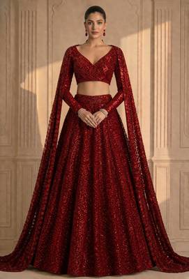 Red Sequin Embroidered Bridal Gown Style Lehenga with Cape Sleeves 1