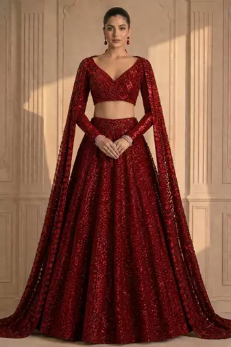 Red Sequin Embroidered Bridal Gown Style Lehenga with Cape Sleeves