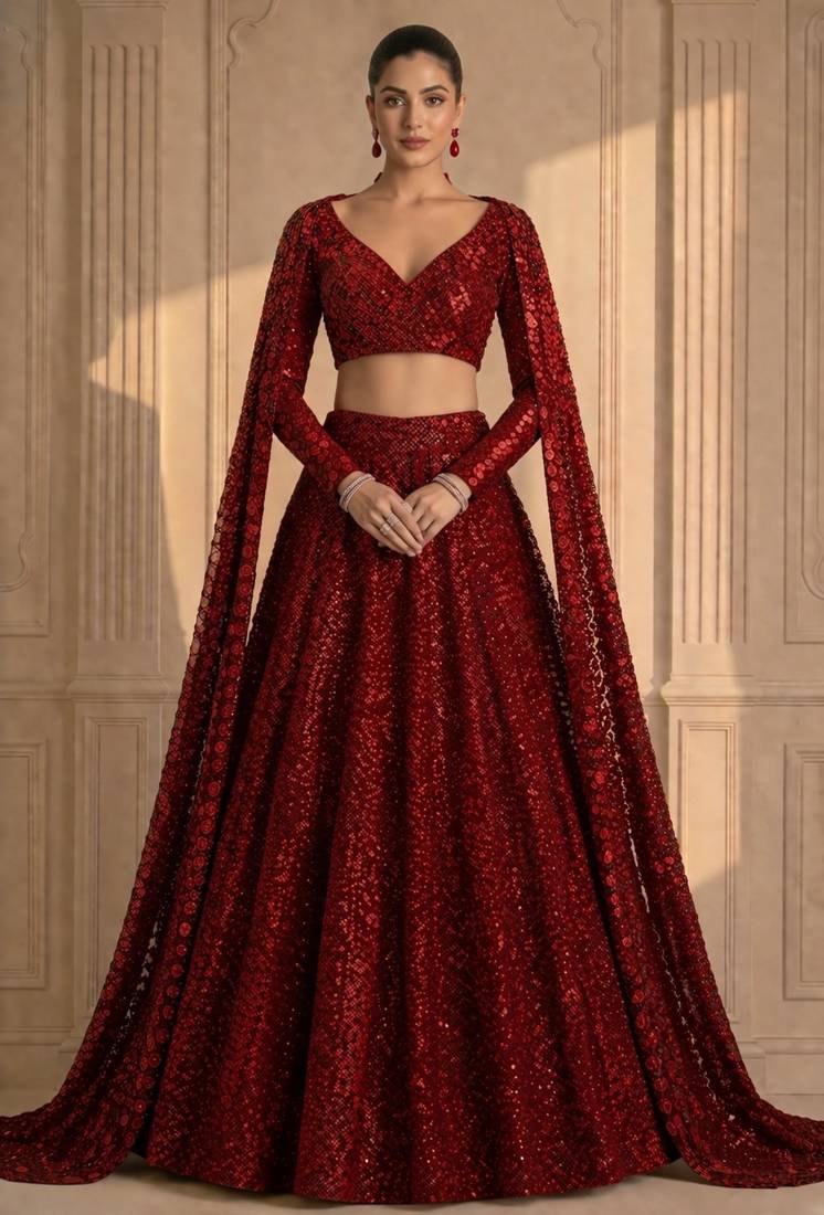 Red Sequin Embroidered Bridal Gown Style Lehenga with Cape Sleeves