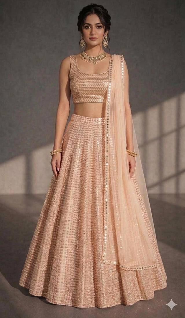 Light Peach Sequin Work A-Line Lehenga Choli Set