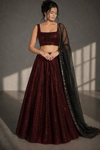 Black and Red Sequin Work A-Line Lehenga Choli with Square Neck Blouse