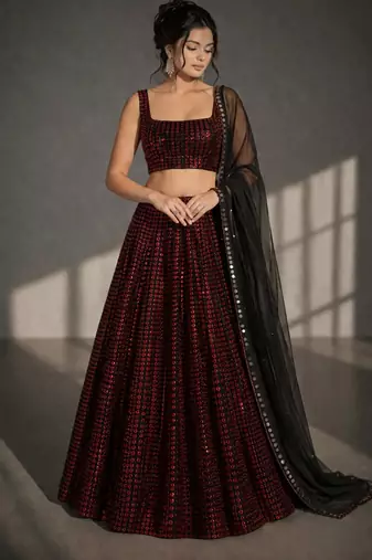 Black and Red Sequin Work A-Line Lehenga Choli with Square Neck Blouse