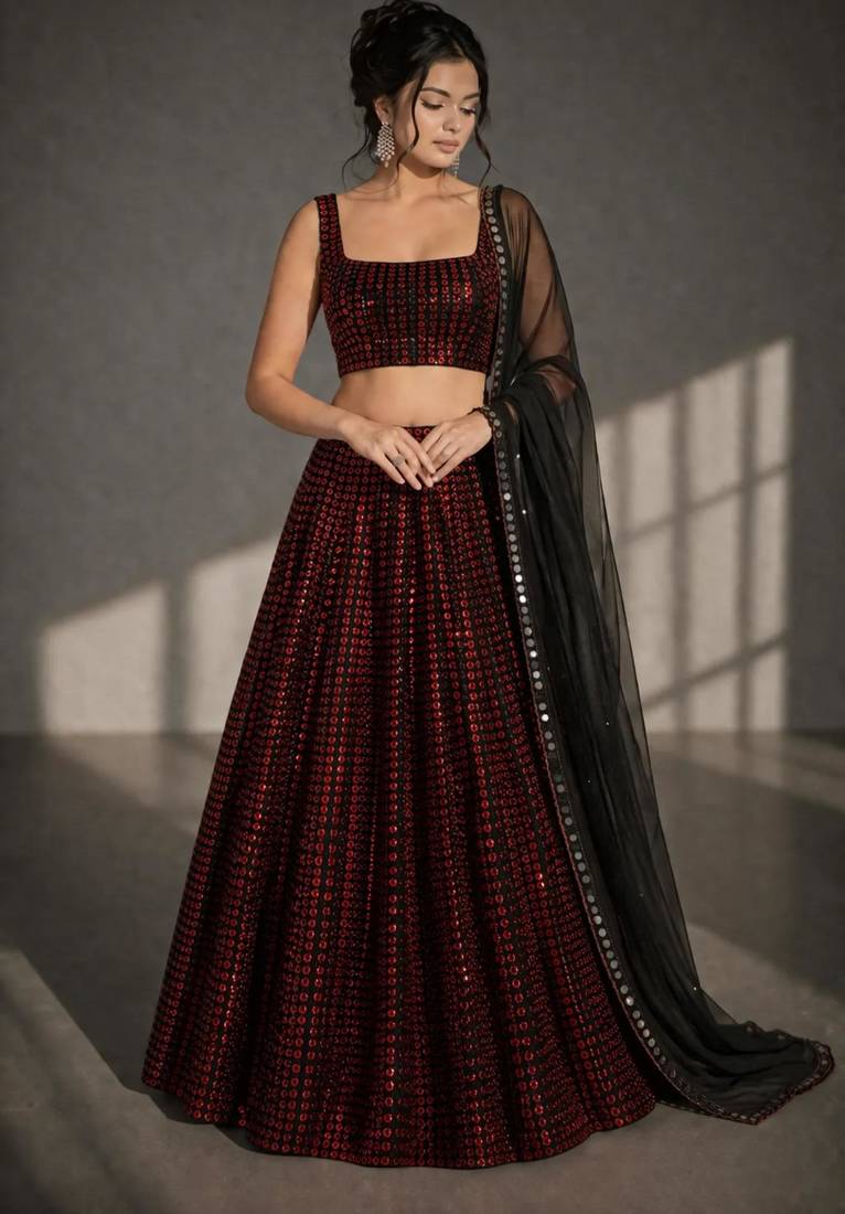 Black and Red Sequin Work A-Line Lehenga Choli with Square Neck Blouse