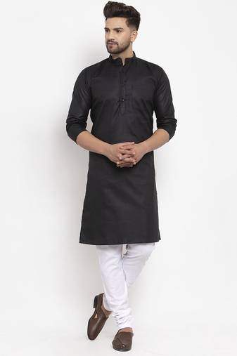 Black solid cotton blend straight kurta for men