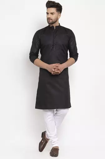 Black solid cotton blend straight kurta for men