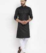 Black solid cotton blend straight kurta for men